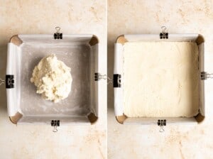 Press the coconut shortbread dough into the prepared baking pan to form a crust.