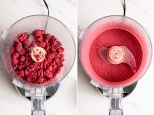 Freeze-dried raspberries being ground into powder in a food processor.
