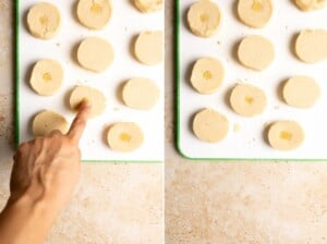 Adding candied pineapple pieces to the center of pineapple shortbread cookies.