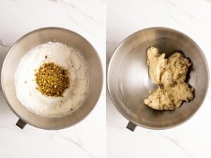 Add flour mixture and chopped pistachio to make pistachio shortbread cookie dough.