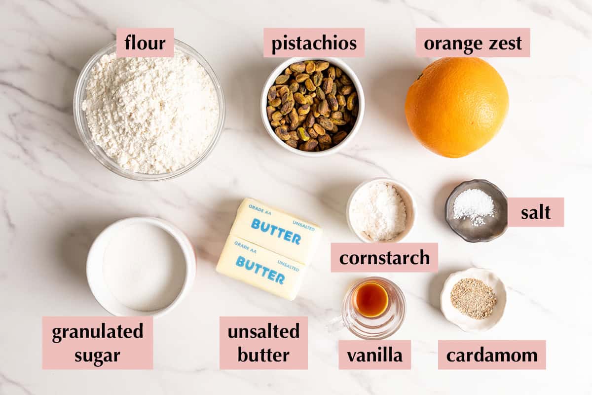 Ingredients from pistachio shortbread cookies.