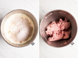Mix dry ingredients with creamed butter to form raspberry shortbread dough.