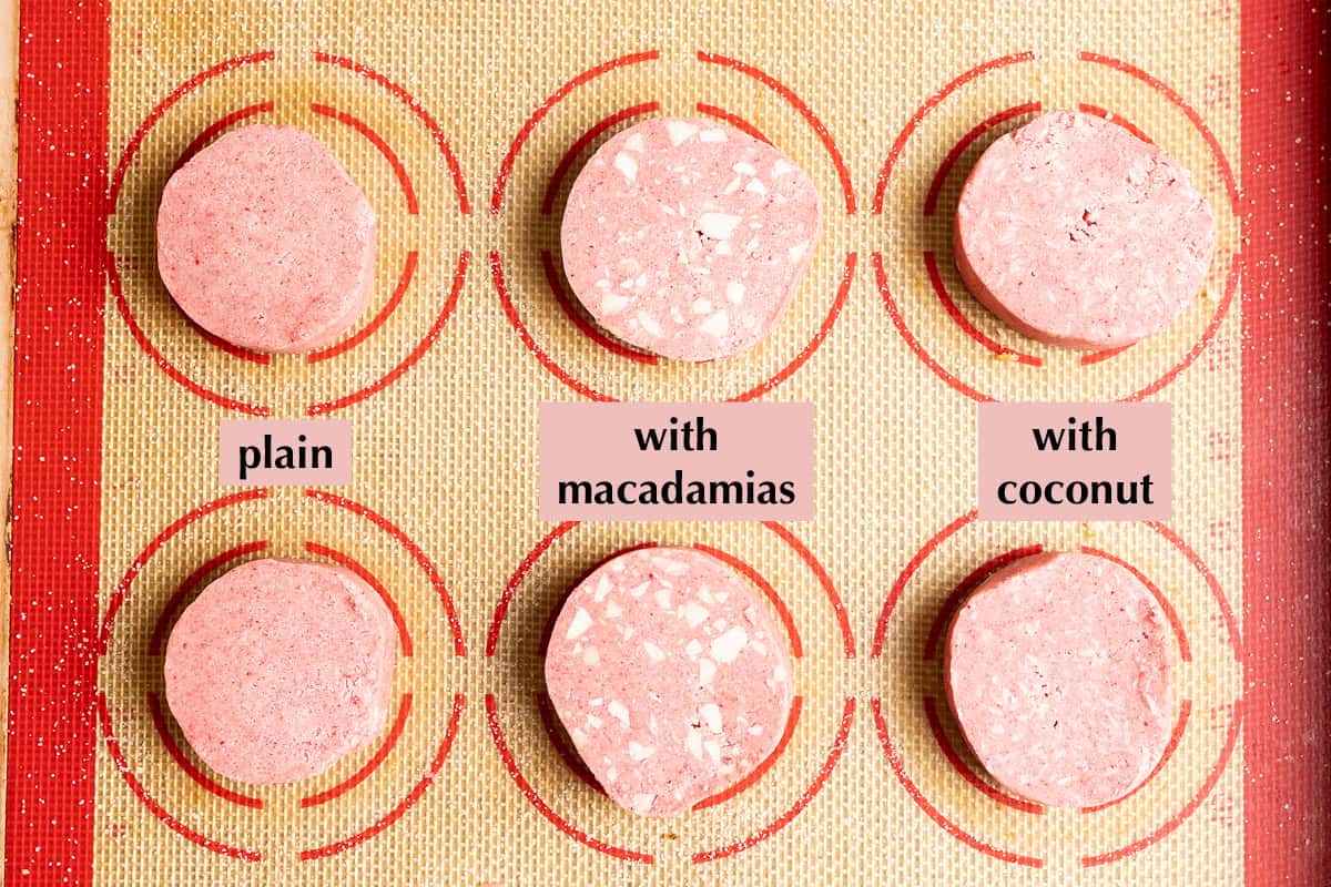 3 different shortbread dough on a baking sheet with text overlay.