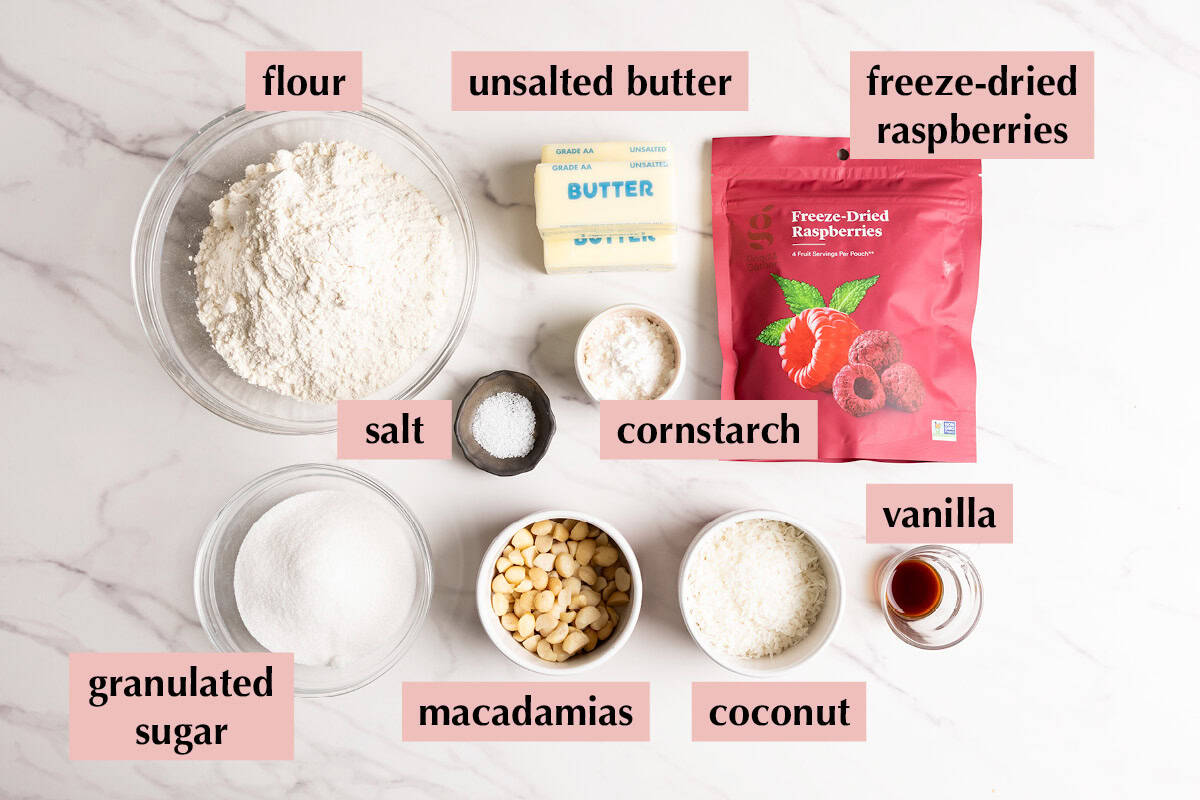 Ingredients for raspberry shortbread cookies.