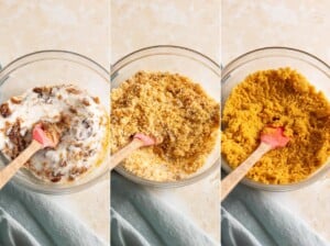 Collage of 3 photos showing different stages of mixing sugar with molasses.