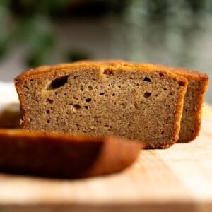 Interior texture of a slice of mochi banana bread.