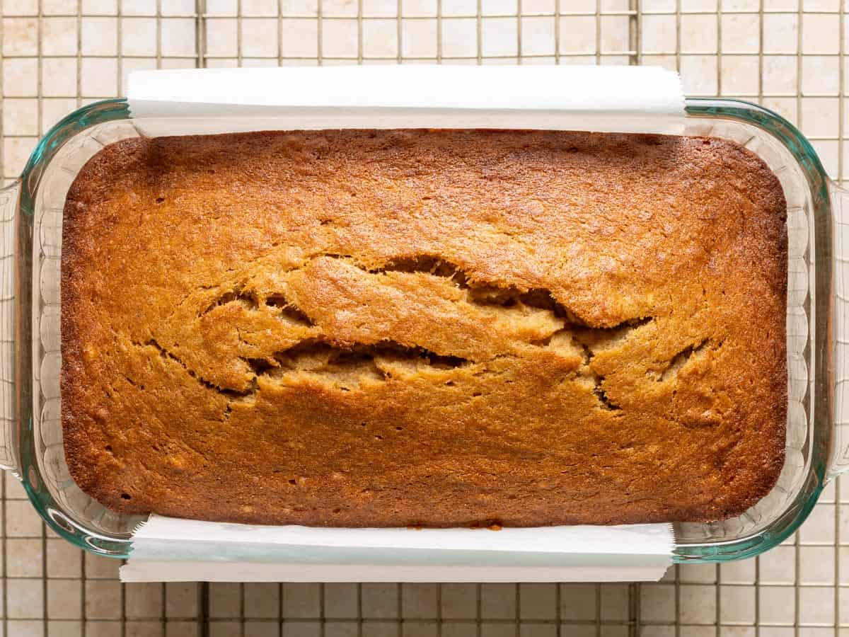 Baked mochi banana bread in a loaf pan.