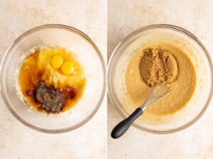Mixing together wet ingredients for mochi banana bread.