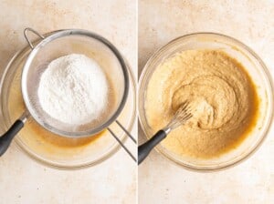 Sift flour and dry ingredients into the wet ingredients to make mochi banana bread batter.