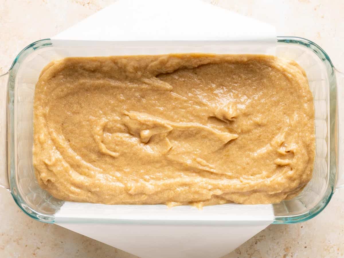 Mochi banana bread batter in a loaf pan.