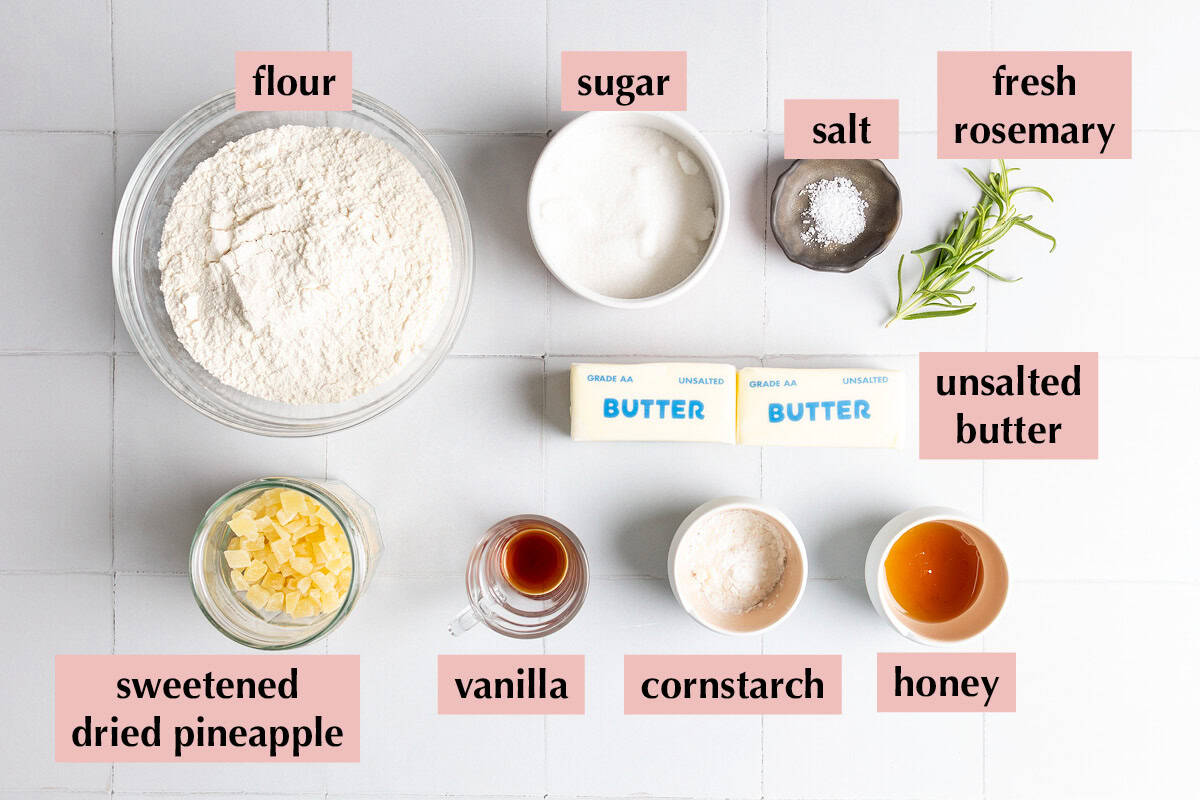 Ingredients for rosemary shortbread cookies.