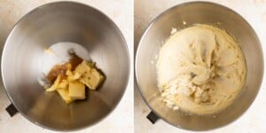 Creamed butter with sugar and vanilla in a metal mixing bowl.