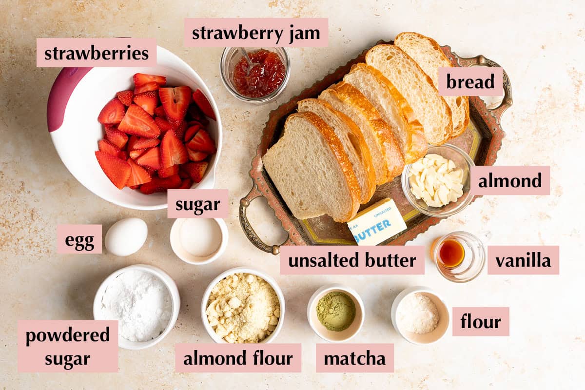 Ingredients for matcha strawberry almond bostock pastries.