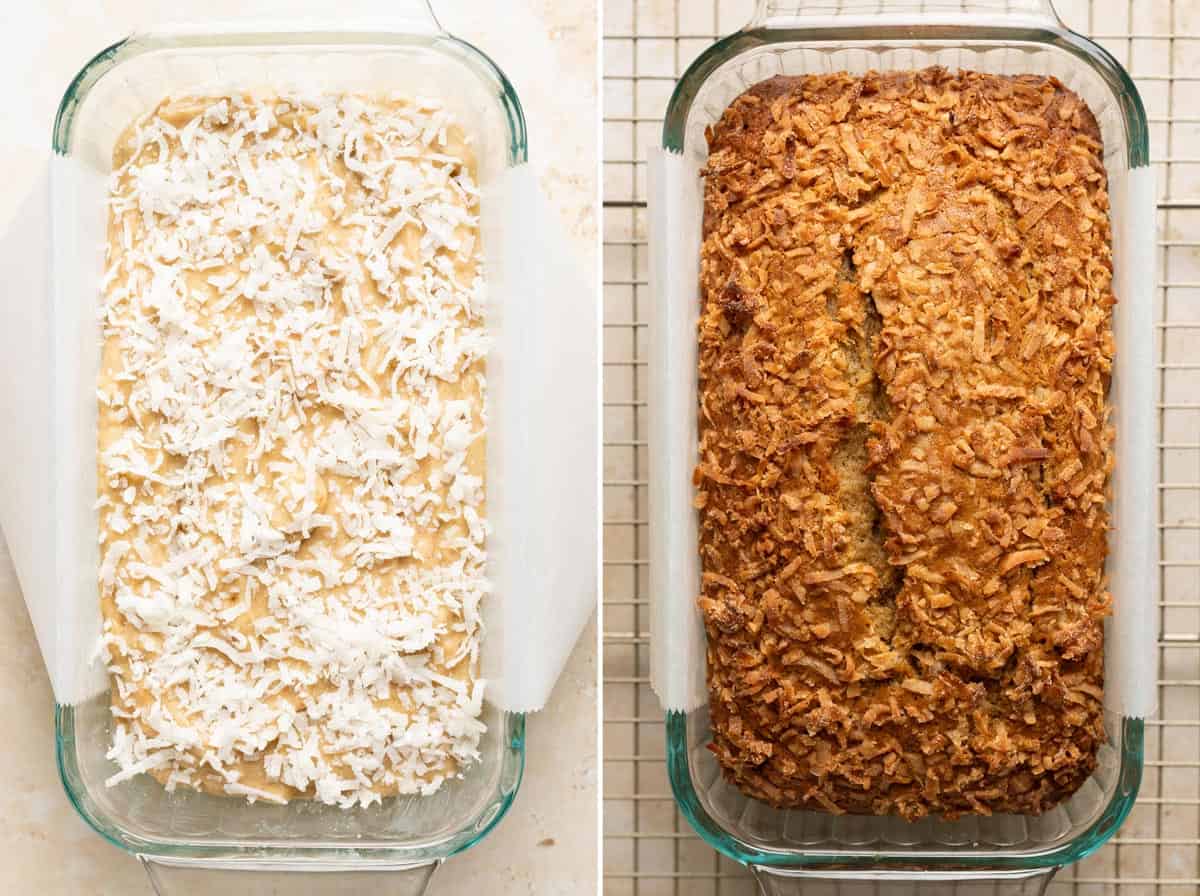Pineapple banana bread batter in a loaf pan with coconut flake on top, baked until golden.