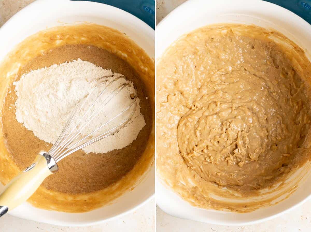 Dry ingredients are added to form pineapple banana bread batter.