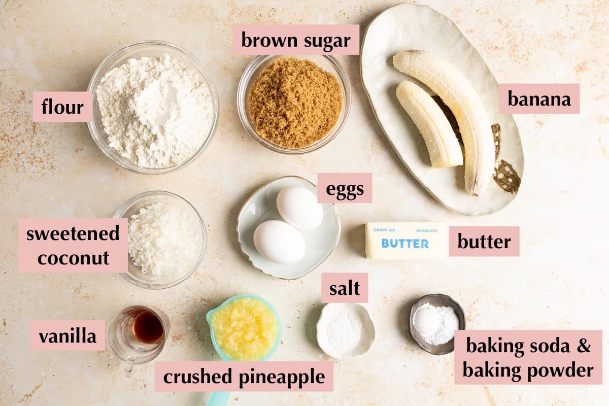 Ingredients for pineapple banana bread with coconut.