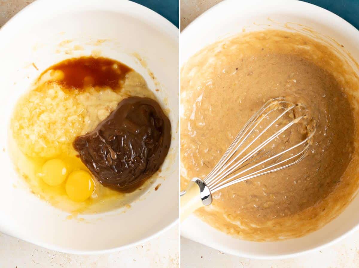 Beating wet ingredients together for pineapple banana bread batter.