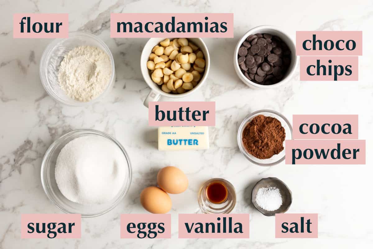 Ingredients for brown butter brownies with macadamia nuts.
