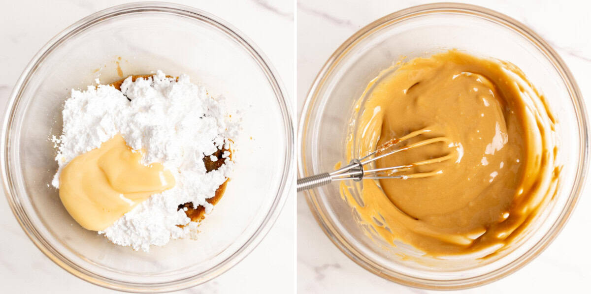 Powdered sugar and condensed milk added to a glass bowl, coffee glazed is stirred together.