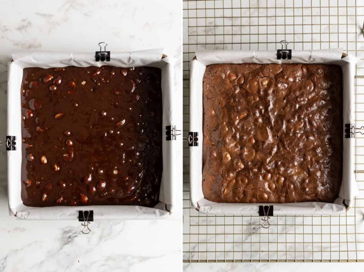 Brown butter brownies with macadamia nuts batter in a square baking pan. Baked brownies on a wire rack.