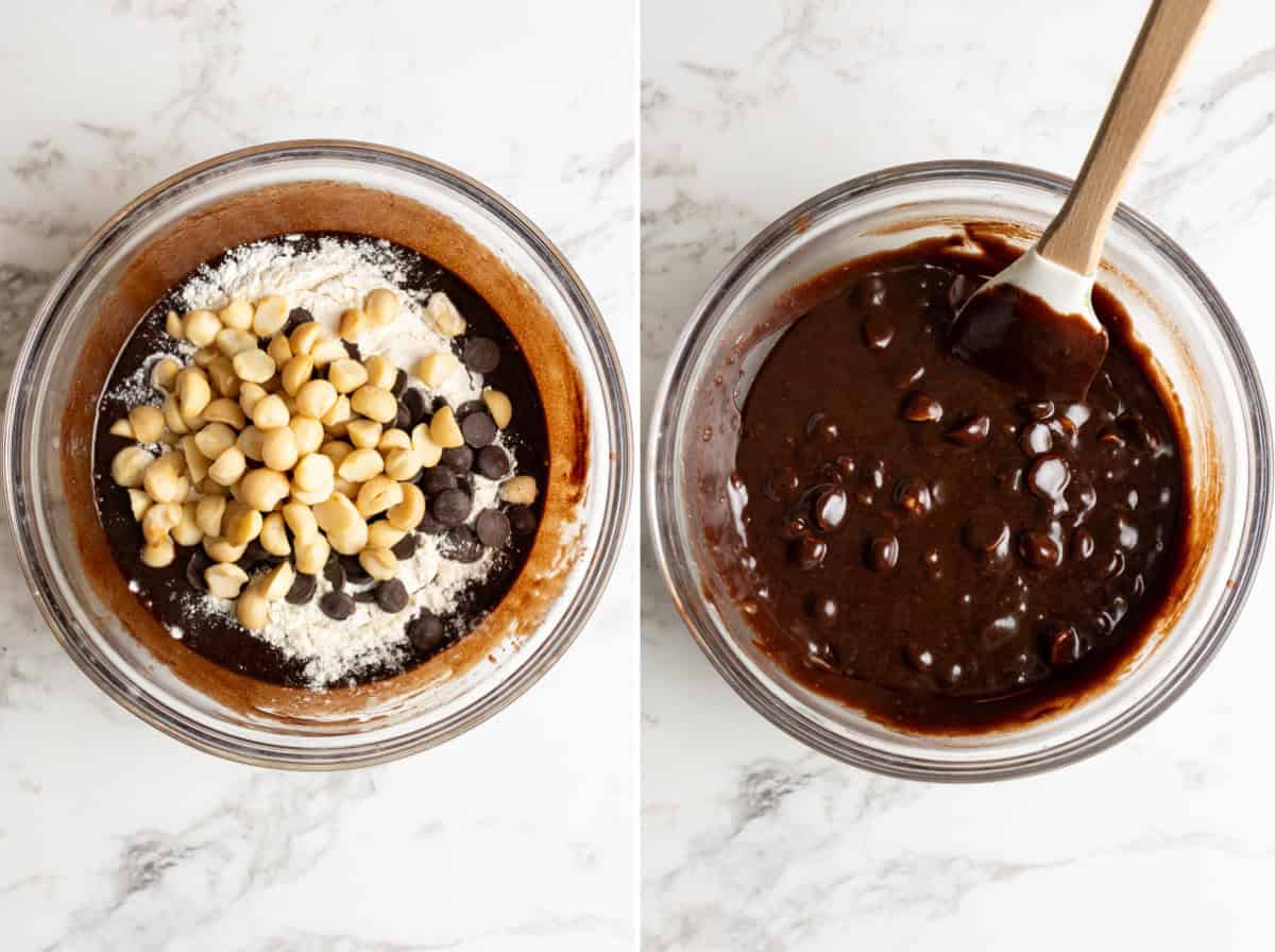 Macadamias, chocolate, flour added to bowl. Mixed into macadamia brownie batter.